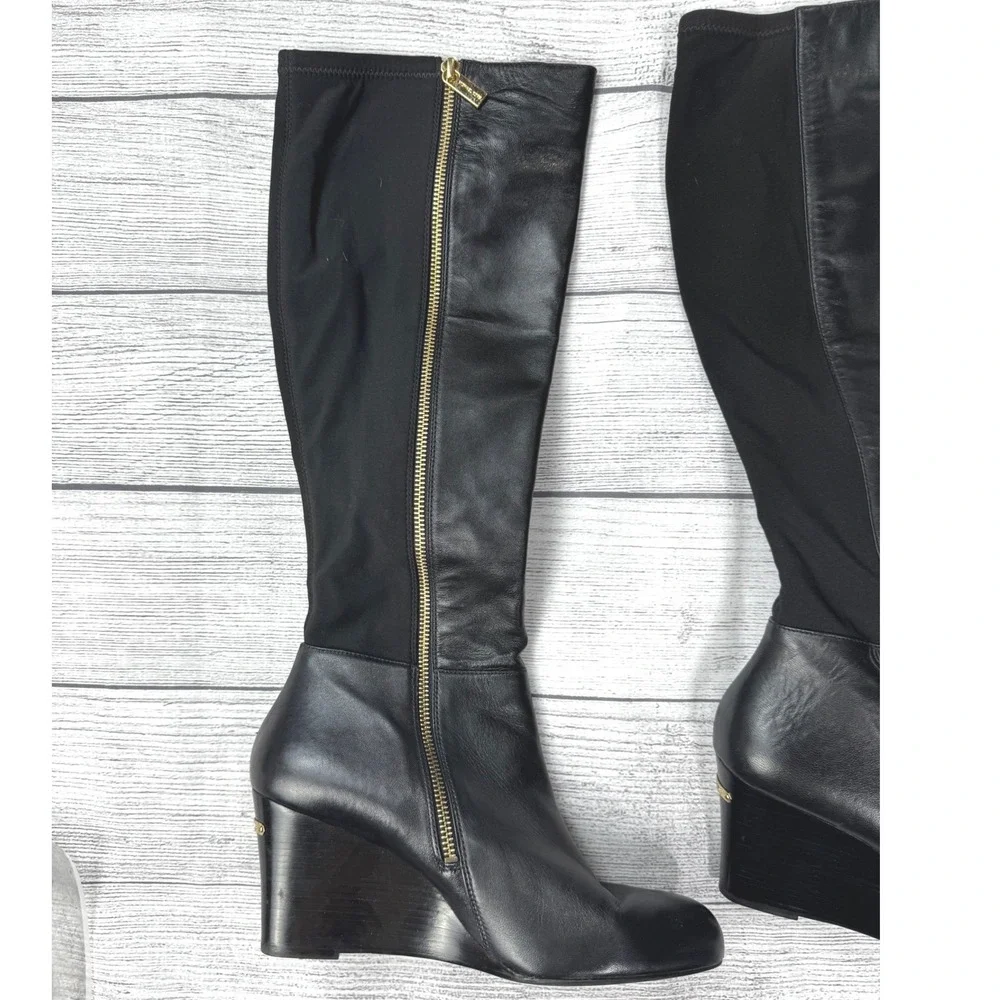 Michael Kors Arley Black Leather Stretch Back Wedge Tall Boots Gold Zip Size 9M